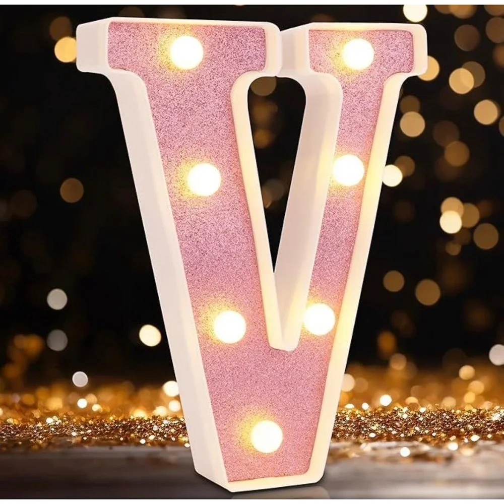 DyingSwan Pink Glitter LED Marquee Letter V Light Up Sign Battery Powered 8.58in